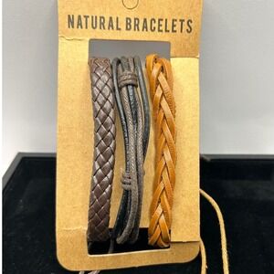 Natural Bracelets‎ Unisex Brown Braided Faux Leather Adjustable Rustic 3pc Set